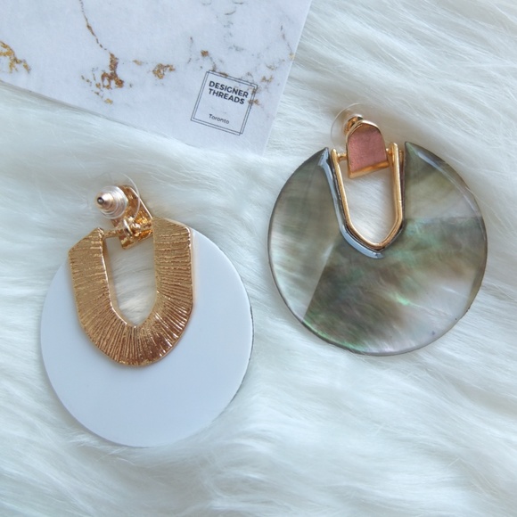 Disc Shape Goldtone Earrings - Black Lip Shell - Picture 4 of 6